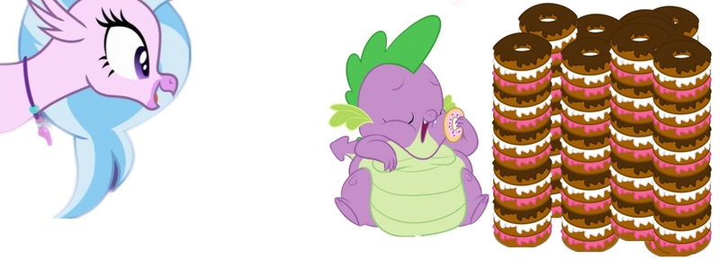Size: 1730x646 | Tagged: artist:calorie, artist:frownfactory, derpibooru import, donut, dragon, edit, editor:luckyjay, fat, fat spike, food, hippogriff, male, silverstream, simple background, spike, suggestive, vector, vector edit, white background