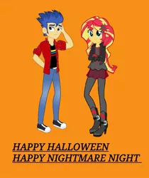 Size: 941x1121 | Tagged: safe, artist:tfsniperboy22, derpibooru import, flash sentry, sunset shimmer, equestria girls, clothes, converse, female, flashimmer, halloween, holiday, male, nightmare night, shipping, shoes, straight