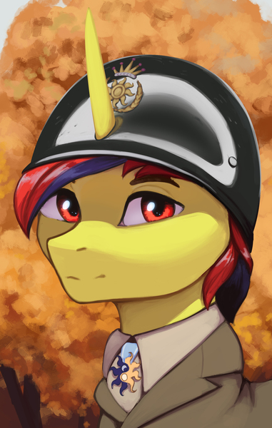 Size: 1485x2338 | Tagged: safe, artist:mrscroup, derpibooru import, oc, oc:sunrise moonshadow, unofficial characters only, pony, unicorn, equestria at war mod, autumn, clothes, general, helmet, male, military uniform, stallion