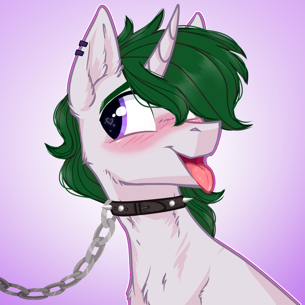 Size: 3000x3000 | Tagged: suggestive, artist:sttarrdust_, derpibooru import, oc, oc:zenith night, pony, unicorn, blushing, chains, collar, ear piercing, earring, hair over one eye, heart eyes, jewelry, leash, male, malesub, open mouth, pet play, piercing, solo, solo male, stallion, submissive, tongue out, wingding eyes