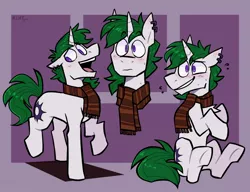 Size: 1400x1074 | Tagged: safe, artist:klhpyro, derpibooru import, oc, oc:zenith night, pony, unicorn, blushing, clothes, ear piercing, earring, jewelry, male, piercing, scarf, smiling, stallion