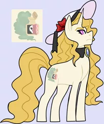 Size: 1194x1414 | Tagged: safe, artist:iesbeans, derpibooru import, oc, oc:prissy missy, unofficial characters only, pony, unicorn, blue background, broach, cutie mark, female, hat, mare, offspring, parent:octavia melody, parent:prince blueblood, parents:bluetavia, scowl, simple background, solo