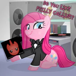 Size: 1132x1132 | Tagged: safe, artist:grapefruitface1, derpibooru import, pinkie pie, pony, party of one, american psycho, base used, bookshelf, bowtie, clothes, looking at you, movie reference, patrick bateman, phil collins, pinkamena diane pie, record, record player, sitting, smiling, speakers, straight hair, suit, turntable