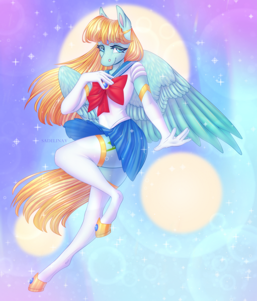 Size: 900x1057 | Tagged: safe, artist:sadelinav, derpibooru import, helia, anthro, pegasus, unguligrade anthro, abstract background, clothes, cosplay, costume, female, sailor moon, socks, solo, stockings, thigh highs, wings