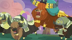 Size: 1920x1080 | Tagged: cloven hooves, derpibooru import, female, male, open mouth, prince rutherford, safe, screencap, stomp, stomping, the last problem, yak, yona's dad, yona's mom