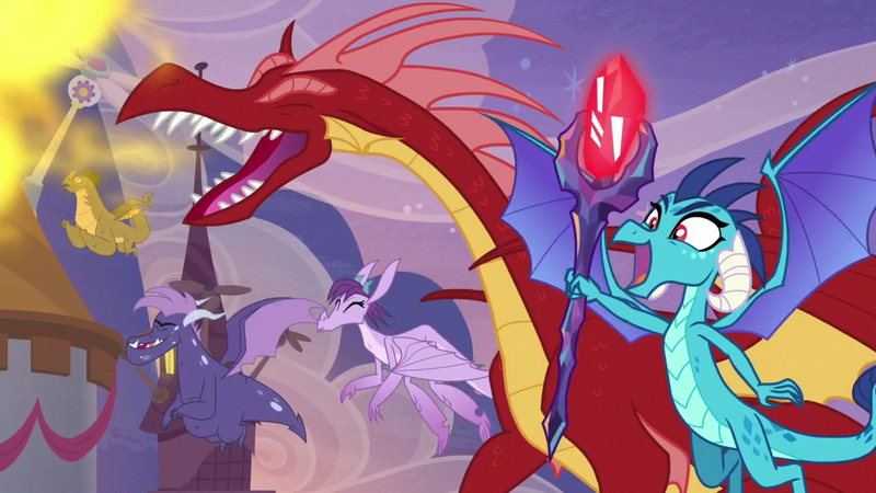 Size: 1920x1080 | Tagged: safe, derpibooru import, screencap, basil, princess ember, prominence, vex, dragon, the last problem, bloodstone scepter, dragoness, female, fire, fire breath, flying, male, open mouth, teenaged dragon, wings