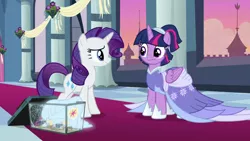 Size: 1920x1080 | Tagged: safe, derpibooru import, screencap, rarity, twilight sparkle, twilight sparkle (alicorn), alicorn, pony, spider, star spider, unicorn, the last problem, clothes, coronation dress, dress, female, mare, second coronation dress