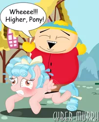 Size: 1458x1793 | Tagged: safe, artist:cyber-murph, derpibooru import, cozy glow, human, pony, bloodshot eyes, bow, cozybuse, crossover, crushing, cursed image, eric cartman, fate worse than death, female, filly, flying, gritted teeth, humans riding ponies, image, karma, male, png, ponyville, quote, riding, riding a pony, signature, south park, straining, this will end in pain, why