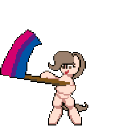 Size: 384x384 | Tagged: safe, artist:bitassembly, derpibooru import, oc, oc:lewdielewd, unofficial characters only, earth pony, pony, animated, bipedal, bisexual pride flag, bitassembly's flag ponies, flag, flag waving, gif, holding a flag, pixel art, pride, pride flag, simple background, solo, transparent background