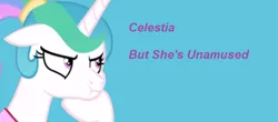 Size: 858x378 | Tagged: safe, artist:twilyisbestpone, derpibooru import, princess celestia, alicorn, pony, :i, alternate hairstyle, angry, blue background, bust, celestia is not amused, cute, cutelestia, female, hoof on chin, looking away, madorable, mare, pouting, simple background, solo, unamused