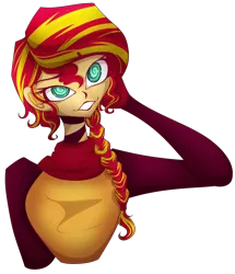 Size: 2161x2510 | Tagged: safe, artist:mywasasi, derpibooru import, sunset shimmer, equestria girls, braided ponytail, choker, clothes, scarf, simple background, smiling, solo, swirly eyes, transparent background