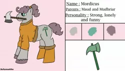 Size: 1280x720 | Tagged: safe, artist:schumette14, derpibooru import, oc, oc:mordicus, earth pony, pony, ax, axman, next generation, offspring, parent:maud pie, parent:mud briar, parents:maudbriar