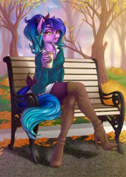 Size: 1920x2716 | Tagged: safe, artist:str1ker878, derpibooru import, oc, oc:neon synthwave, unofficial characters only, anthro, earth pony, autumn, bench, boots, clothes, coffee, earth pony oc, high heel boots, high heels, palindrome get, shoes, sitting, socks, solo, thigh boots, thigh highs