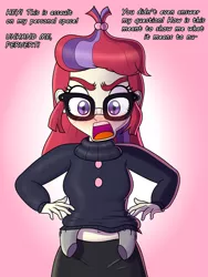 Size: 3000x4000 | Tagged: suggestive, artist:thealjavis, derpibooru import, moondancer, comic:no nut moondancer, equestria girls, belly button, breasts, clothes, cute, dialogue, disembodied hand, equestria girls-ified, female, glasses, grope, hair bun, hand, hands on hip, no nut november, redhead, shirt, shirt lift, simple background, solo, sweater, text, turtleneck