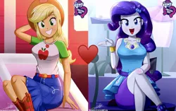 Size: 988x619 | Tagged: safe, artist:the-butch-x, deleted from derpibooru, derpibooru import, edit, applejack, rarity, equestria girls, equestria girls series, beautiful, belt, boots, bracelet, butch's hello, clothes, cowboy hat, crossed legs, cute, female, hat, heart, hello, hello x, jackabetes, jewelry, legs, lesbian, looking at you, open mouth, raribetes, rarijack, rarity peplum dress, shipping, shipping domino, shoes, skirt, smiling