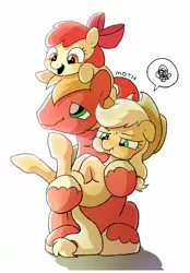 Size: 982x1407 | Tagged: safe, artist:mochi_nation, derpibooru import, apple bloom, applejack, big macintosh, earth pony, pony, apple siblings, apple sisters, brother and sister, cute, female, filly, floppy ears, holding a pony, male, mare, pictogram, pony pile, puffy cheeks, siblings, simple background, sisters, speech bubble, stallion, tower of pony, white background