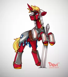 Size: 1000x1130 | Tagged: safe, artist:dodo, derpibooru import, oc, oc:steel prism, unofficial characters only, pony, unicorn, armor, full plate armor, looking away, metal armor, solo, sword, watermark, weapon