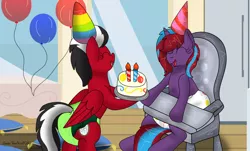 Size: 1280x771 | Tagged: suggestive, artist:lynnthenerdkitty, derpibooru import, oc, oc:charming dazz, oc:shatter misty cloud, pegasus, pony, unicorn, adult foal, balloon, birthday, candle, crossover, diaper, diaper fetish, eyes closed, fetish, hat, highchair, open mouth, party hat, shatter (transformers), smiling, transformers