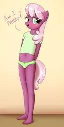 Size: 1720x3395 | Tagged: suggestive, artist:tolpain, derpibooru import, cheerilee, anthro, earth pony, plantigrade anthro, abstract background, clothes, dialogue, green underwear, modeling, panties, polka dot underwear, ribbon, short shirt, shy, solo, underwear, younger