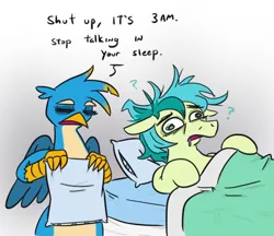 Size: 532x460 | Tagged: safe, artist:jargon scott, derpibooru import, gallus, sandbar, earth pony, gryphon, pony, bags under eyes, bed, confused, derp, drool, duo, eyes closed, male, messy mane, no nut november, pillow, question mark, stallion, talking, waking up