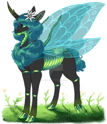 Size: 600x698 | Tagged: safe, artist:malinraf1615, derpibooru import, queen chrysalis, changeling, changeling queen, alternate hairstyle, chest fluff, deviantart watermark, female, flower, flower in hair, grass, obtrusive watermark, redesign, reformed, simple background, solo, transparent background, unshorn fetlocks, watermark