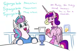 Size: 804x532 | Tagged: safe, artist:jargon scott, derpibooru import, princess cadance, princess flurry heart, alicorn, pony, unicorn, :d, apron, bipedal, cadance is not amused, chalice, clothes, cooking, cute, daughters gonna daughter, dialogue, female, flurrybetes, food, glasses, housewife, kitchen, macaroni, male, mare, mother and child, mother and daughter, naked apron, nerd, nerdy heart, older, older flurry heart, oven mitts, pasta, smiling, stallion, unamused