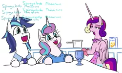 Size: 897x536 | Tagged: safe, alternate version, artist:jargon scott, derpibooru import, princess cadance, princess flurry heart, shining armor, alicorn, pony, unicorn, :d, apron, bipedal, cadance is not amused, chalice, clothes, cooking, cute, daughters gonna daughter, father and child, father and daughter, fathers gonna father, female, flurrybetes, food, glasses, housewife, husband and wife, kitchen, like father like daughter, like parent like child, macaroni, male, mare, mother and child, mother and daughter, naked apron, necktie, nerd, nerdy heart, older, older flurry heart, oven mitts, pasta, shining adorable, smiling, stallion, sweater, unamused
