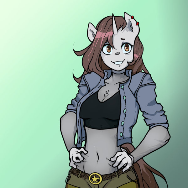 Size: 1836x1836 | Tagged: safe, artist:hot headed clover, derpibooru import, oc, oc:cotton blossom, anthro, belly button, chest fluff, ear piercing, earring, hands on hip, jewelry, piercing, solo