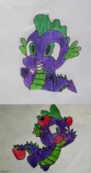 Size: 500x944 | Tagged: abuse, artist:and now... a derpibooru user, derpibooru import, dragon, drawing, food, go to sleep garble, horse play, it ain't easy being breezies, safe, shitposting, solo, spike, spikeabuse, tomato, tomatoes