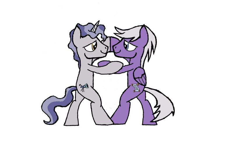 Size: 1280x808 | Tagged: safe, artist:grymnoire, derpibooru import, silver script, star bright, pegasus, pony, unicorn, couple, dancing, gay, looking at each other, male, shipping, simple background, smiling, stallion, starscript