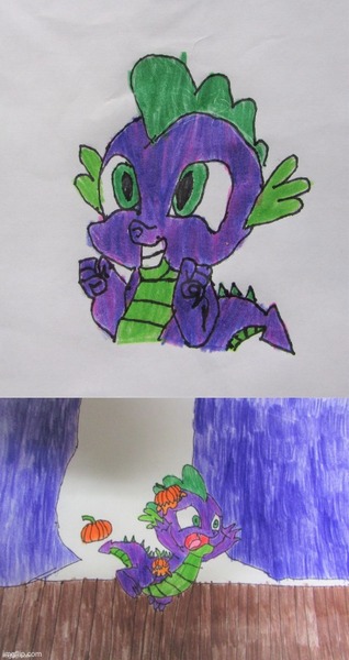 Size: 500x944 | Tagged: abuse, artist:and now... a derpibooru user, derpibooru import, dragon, drawing, food, go to sleep garble, horse play, it ain't easy being breezies, op hates spike, op is a duck, op is trying to start shit, pumpkin, safe, scene interpretation, shitposting, solo, spike, spikeabuse