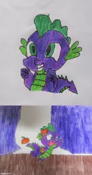 Size: 500x944 | Tagged: abuse, artist:and now... a derpibooru user, derpibooru import, dragon, drawing, food, go to sleep garble, horse play, it ain't easy being breezies, op hates spike, op is a duck, op is trying to start shit, pumpkin, safe, scene interpretation, shitposting, solo, spike, spikeabuse