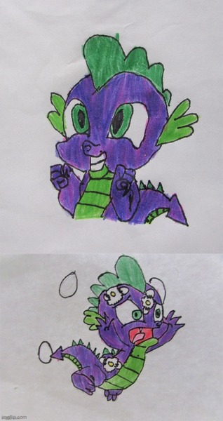 Size: 500x944 | Tagged: safe, artist:and now... a derpibooru user, artist:spikeabuser, derpibooru import, spike, dragon, horse play, it ain't easy being breezies, abuse, broken eggs, drawing, egg, food, full color, image, jpeg, male, solo, spikeabuse
