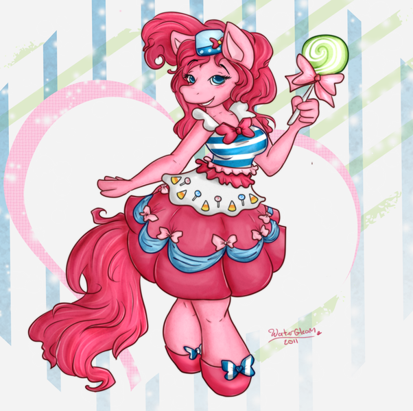 Size: 844x841 | Tagged: safe, artist:watergleam, derpibooru import, pinkie pie, anthro, earth pony, candy, clothes, dress, female, food, gala dress, lollipop, solo