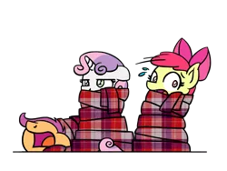Size: 1800x1350 | Tagged: safe, artist:flutterluv, derpibooru import, apple bloom, scootaloo, sweetie belle, earth pony, pegasus, pony, unicorn, adorable distress, adorabloom, blanket, blanket burrito, clothes, cute, cutealoo, cutie mark crusaders, d:, diasweetes, female, filly, floppy ears, frown, glare, lidded eyes, lying down, mare, open mouth, plaid, plewds, prone, scarf, simple background, struggling, stuck, sweat, sweatdrops, sweetie belle is not amused, transparent background, unamused, unmoving plaid, wide eyes, wrapped up