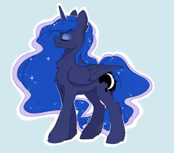 Size: 1228x1080 | Tagged: safe, artist:rrusha, derpibooru import, princess luna, alicorn, pony, blue background, butt fluff, chest fluff, ear fluff, eyes closed, female, fluffy, mare, missing accessory, simple background, solo