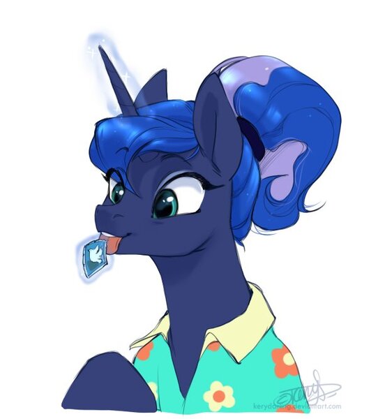 Size: 613x666 | Tagged: safe, artist:rrusha, derpibooru import, princess luna, alicorn, pony, between dark and dawn, clothes, cute, female, hair bun, hawaiian shirt, licking, lunabetes, magic, mare, scene interpretation, shirt, simple background, solo, stamp, telekinesis, that pony sure does love the post office, tongue out, white background