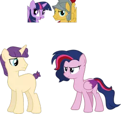 Size: 1754x1649 | Tagged: safe, artist:littlejurnalina, derpibooru import, flash magnus, twilight sparkle, twilight sparkle (alicorn), oc, alicorn, pegasus, pony, unicorn, female, male, mare, offspring, parent:flash magnus, parent:twilight sparkle, simple background, stallion, transparent background