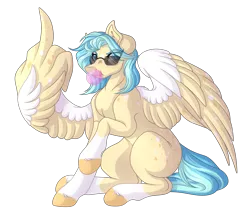 Size: 3858x3288 | Tagged: safe, artist:amazing-artsong, derpibooru import, oc, pegasus, pony, bubblegum, female, food, gum, mare, middle feather, middle finger, simple background, solo, sunglasses, transparent background, two toned wings, vulgar, wing hands, wings