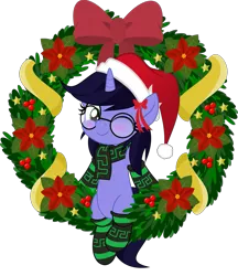 Size: 831x962 | Tagged: safe, artist:crescend cinnamon, derpibooru import, oc, oc:deep delver, unofficial characters only, pony, unicorn, christmas, christmas wreath, female, hat, holiday, mare, santa hat, simple background, transparent background, wreath
