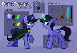Size: 4216x2942 | Tagged: safe, artist:tatykin, derpibooru import, oc, oc:deep delver, unofficial characters only, pony, unicorn, cape, clothes, female, glasses, lyre, mare, musical instrument, reference sheet, sword, weapon