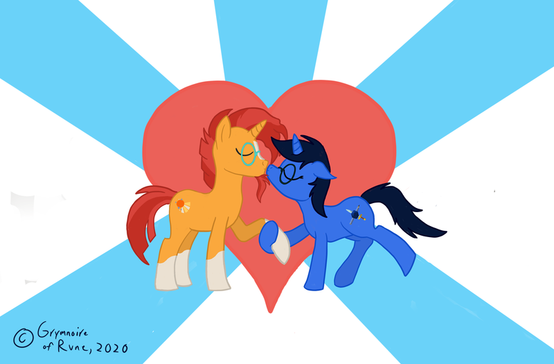 Size: 3171x2082 | Tagged: safe, artist:grymnoire, derpibooru import, sunburst, oc, oc:deep delver, pony, unicorn, canon x oc, female, hearts and hooves day, holding hooves, kissing, male, mare, shipping, stallion, straight