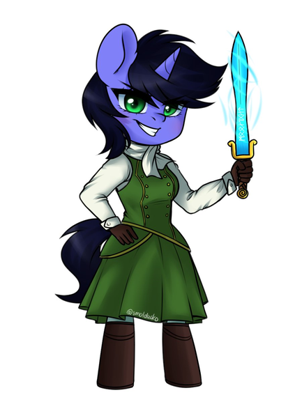 Size: 900x1247 | Tagged: safe, alternate version, artist:cottonsweets, derpibooru import, oc, oc:deep delver, unofficial characters only, anthro, unguligrade anthro, unicorn, chibi, clothes, dress, female, grin, image, png, simple background, smiling, solo, sword, weapon, white background