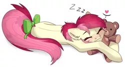 Size: 3000x1614 | Tagged: safe, artist:chibadeer, derpibooru import, roseluck, earth pony, pony, behaving like a cat, bow, cute, cuteluck, eyes closed, lying down, onomatopoeia, plushie, pony pet, rosepet, side, simple background, sleeping, sound effects, sweet dreams fuel, tail bow, teddy bear, toy, white background, zzz