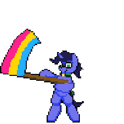 Size: 384x384 | Tagged: safe, artist:bitassembly, derpibooru import, oc, oc:deep delver, unofficial characters only, pony, unicorn, animated, bitassembly's flag ponies, cape, clothes, female, gif, glasses, holding a flag, mare, pansexual pride flag, pixel art, pride, pride flag, simple background, transparent background