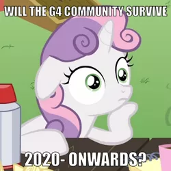 Size: 500x500 | Tagged: safe, derpibooru import, edit, edited screencap, screencap, sweetie belle, pony, unicorn, ponyville confidential, 2020, caption, cropped, exploitable meme, female, filly, floppy ears, image macro, meme, obligatory pony, solo, sudden clarity sweetie belle, text
