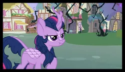 Size: 1280x740 | Tagged: safe, derpibooru import, edit, edited screencap, screencap, twilight sparkle, kirin, princess twilight sparkle (episode), black vine, kirin twilight, kirinified, scrunchy face, solo, species swap, twilight is not amused, unamused