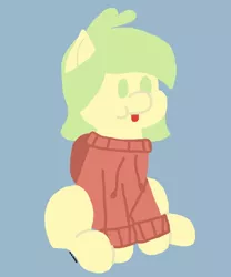 Size: 5000x6000 | Tagged: safe, artist:switcharoo, derpibooru import, oc, oc:yellow mash, unofficial characters only, earth pony, pony, :p, blue background, clothes, cute, earth pony oc, green eyes, hoodie, simple background, sitting, solo, tongue out, watermark