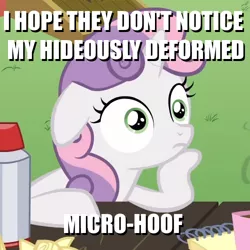Size: 500x500 | Tagged: safe, derpibooru import, screencap, sweetie belle, pony, unicorn, ponyville confidential, animation error, caption, cropped, exploitable meme, female, filly, image macro, meme, obligatory pony, solo, sudden clarity sweetie belle, text