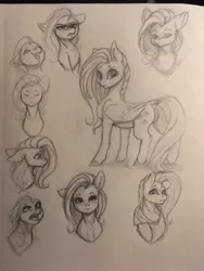 Size: 1536x2048 | Tagged: safe, artist:miokomata, derpibooru import, fluttershy, pegasus, pony, bust, clothes, eyes closed, female, floppy ears, freckles, freckleshy, hoodie, mare, monochrome, open mouth, sketch, sketch dump, solo, traditional art